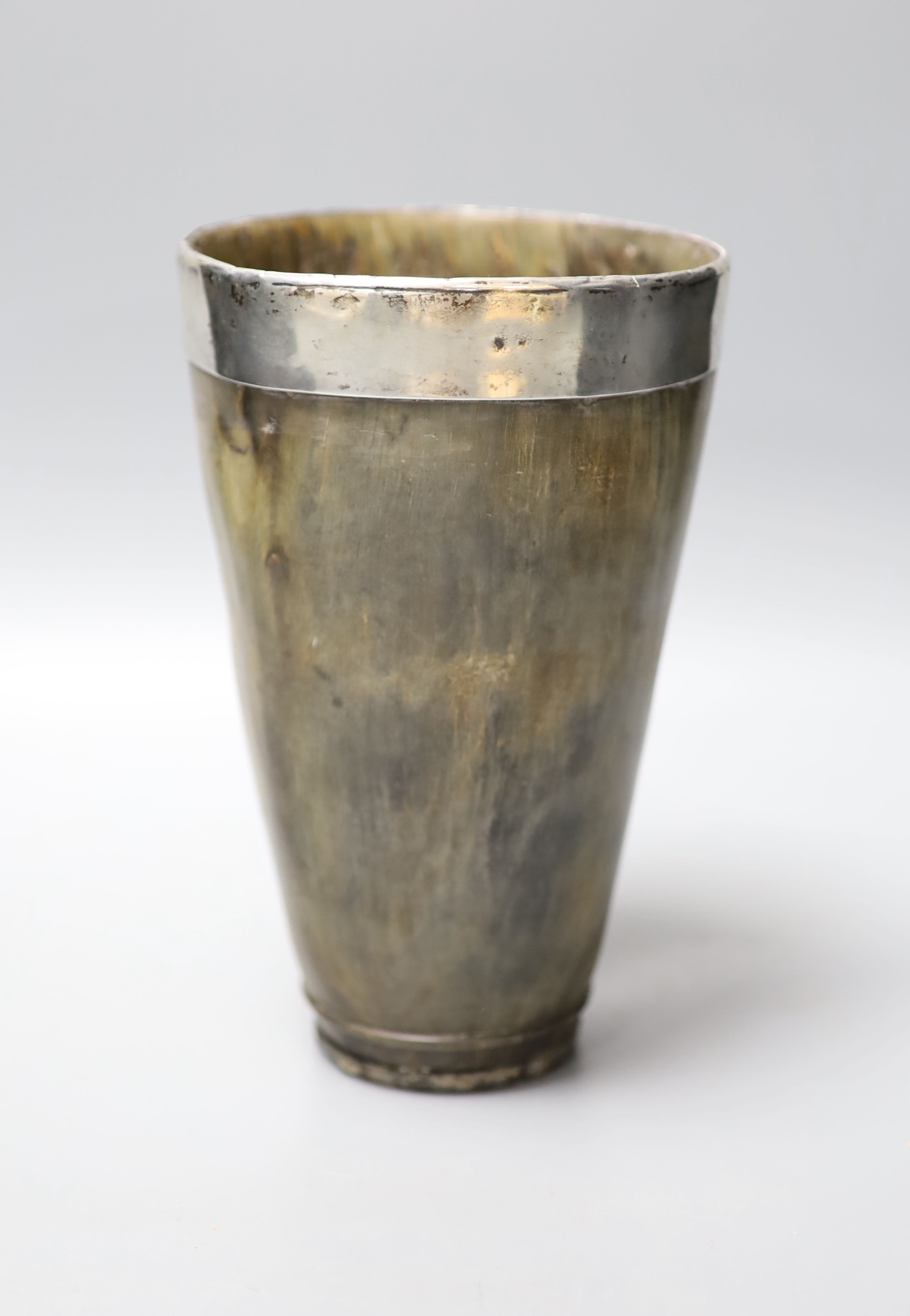 A Victorian oversized silver mounted horn beaker 21.5cm, Atkin Brothers, Sheffield, 1885.